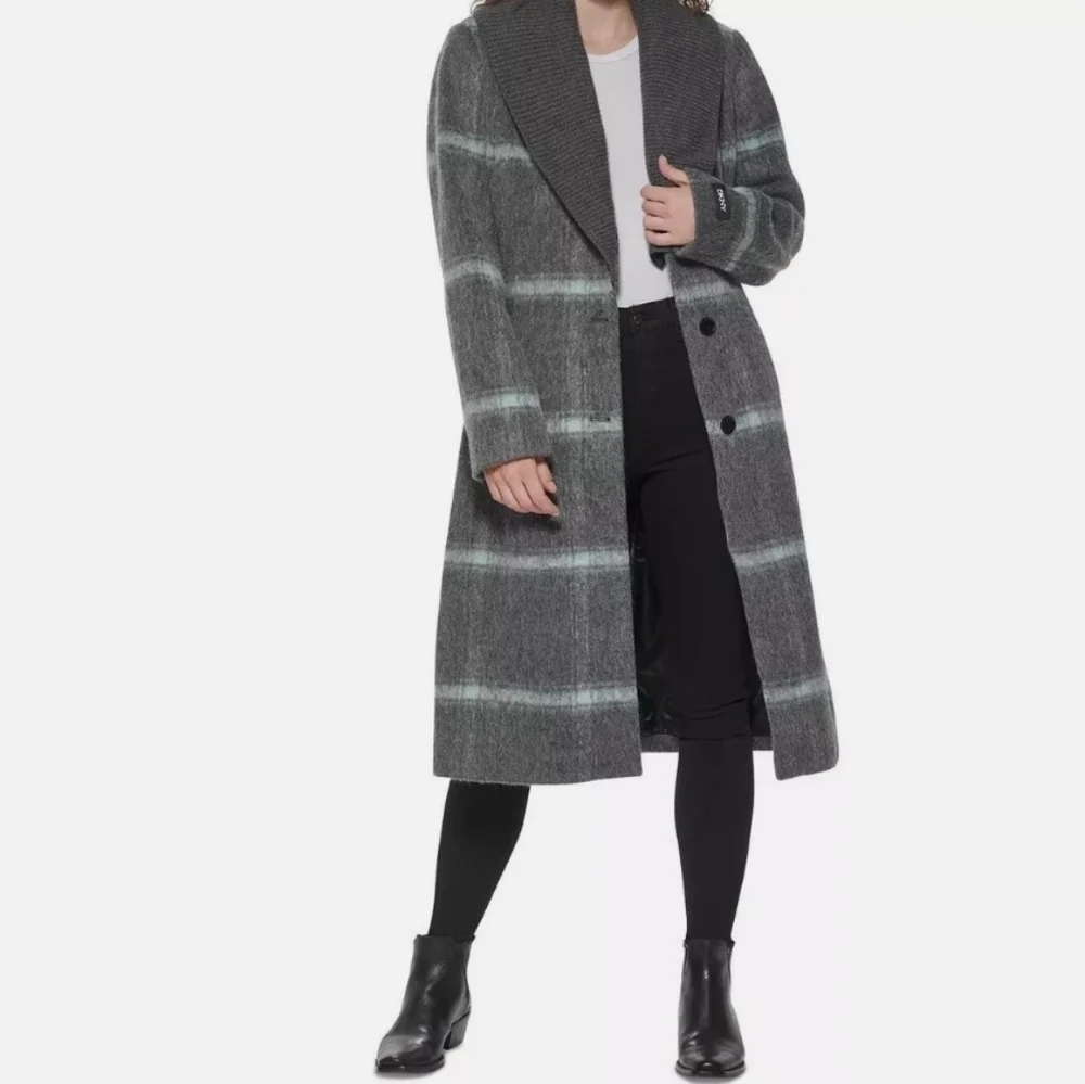 DKNY Women's Knit-Collar Belted Wrap Coat Charcoal Grey Wool - Picture 5 of 9